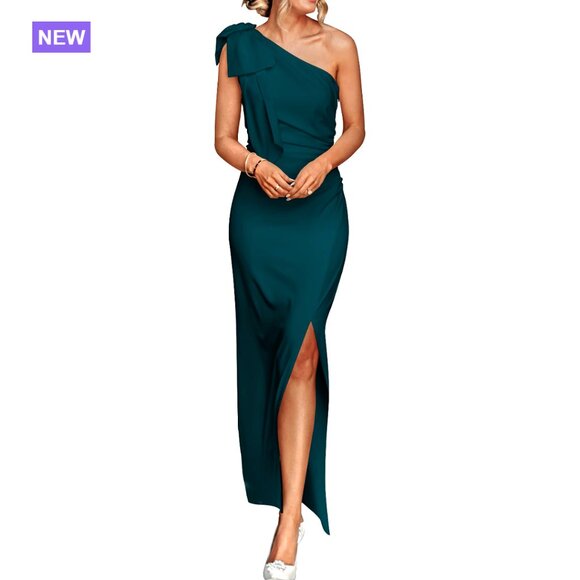 Polyester Elastane One Shoulder Ruched Bodycon Maxi Formal Dress